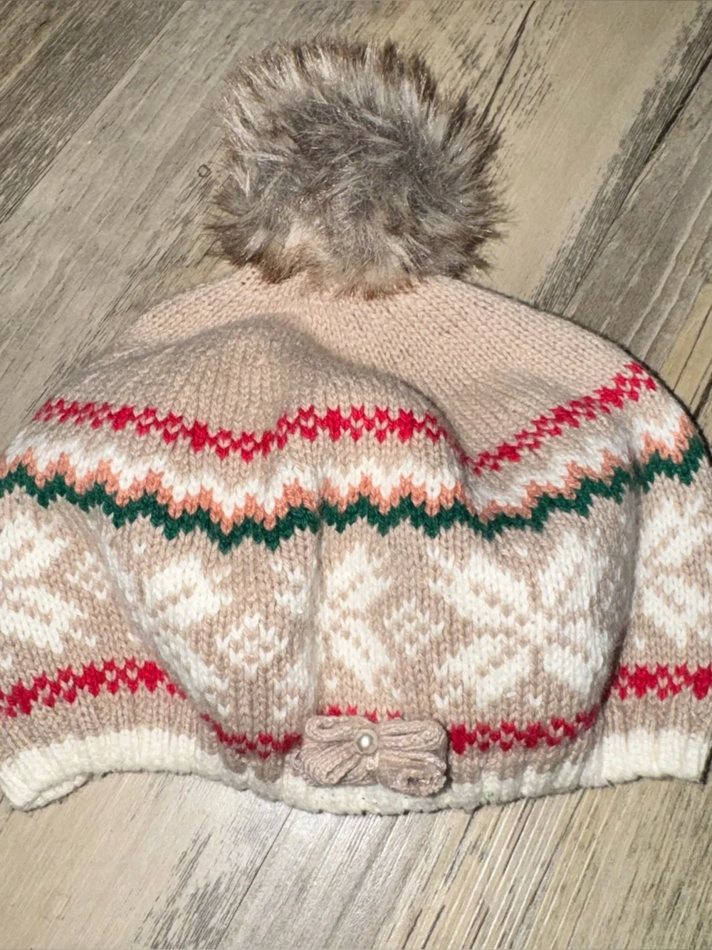 Kids Beige Pom Pom Knit Hat with Fair Isle Pattern